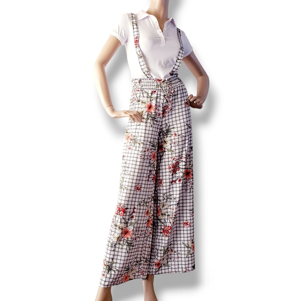 Common Crush Floral Windowpane High Waist, Wide Leg, Criss Cross Overall Pants - Picture 5 of 8